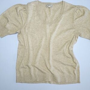 LOFT Outlet Puff Sleeve V-Neck Sweater Oatmeal Heather Knit Top L